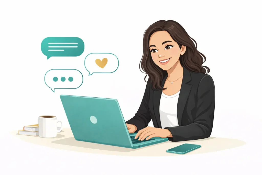 Ilustración de Claudia Orozco atendiendo una sesión online
